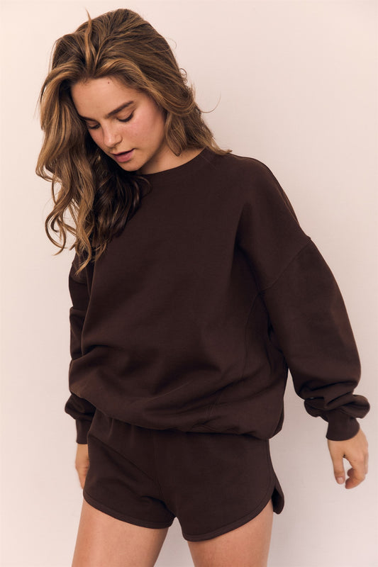 a relaxed everyday crewneck sweatshirt in a mocha brown color.