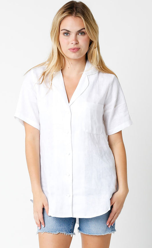Kristen Linen Top. White Linen button down top